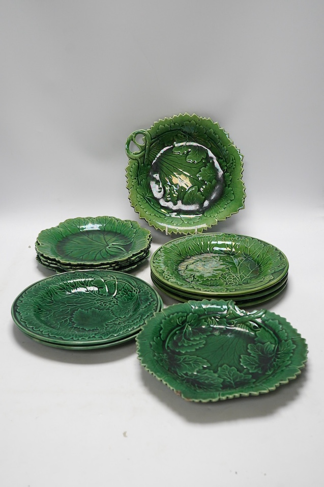 A group of Wedgwood, George Jones greenware majolica dessert plates, largest 25cm. Condition - varies, some chips and cracks